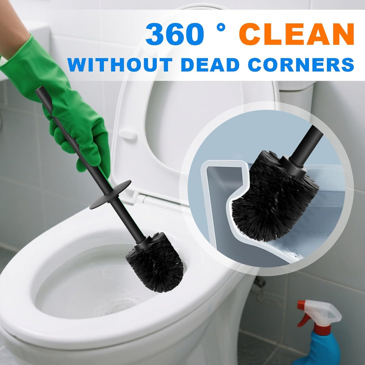 304 Stainless Steel Toilet Bowl Brush and Holder Set, Circular Floor Toilet Brush Holder, Long Handle, Bathroom Heavy-Duty Cleaner, High-End Cylinder Wall (Black) YIGUANXIN