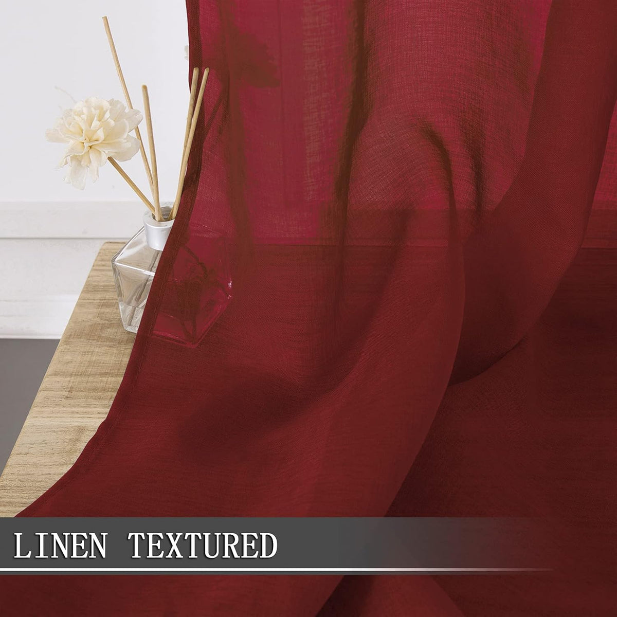 Tollpiz Sheer Curtains Linen Textured Bedroom Curtain Sheers Light Filtering Rod Pocket Voile Curtains for Living Room, 54 x 63 inches Long, Burgundy Red, Set of 2 Panels