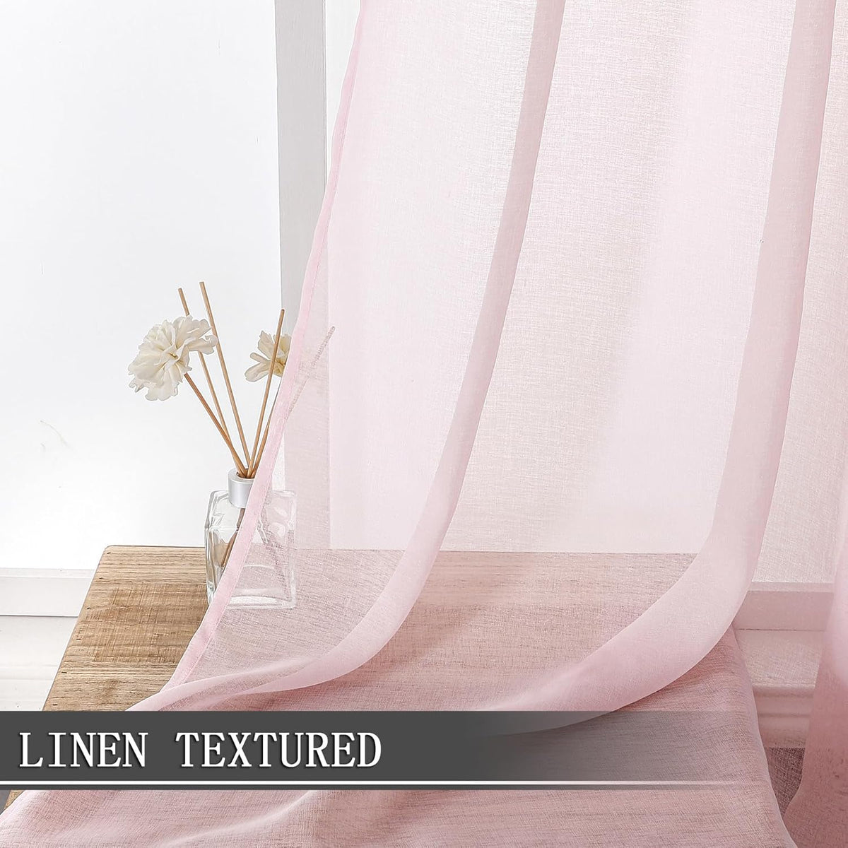 Tollpiz Short Sheer Curtain Living Room Linen Textured Curtains Sheer Light Filtering Voile Rod Pocket Curtain for Bedroom, 38 x 54 inches Long, Pink, Set of 2 Panels