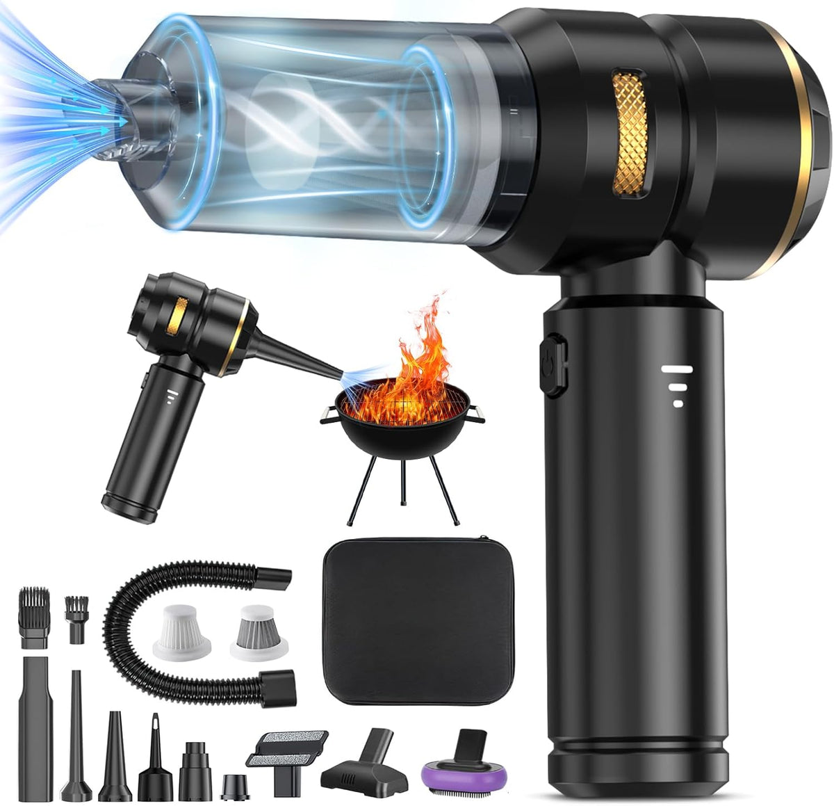 Handheld Vacuum Cordless 22000PA High Power Car Vacuum Cleaner with Brushless Motor 4-in-1 Portable Rechargeable Vacuum Air Blower Air Duster Pump for Car Home Pet Hair Office - Black