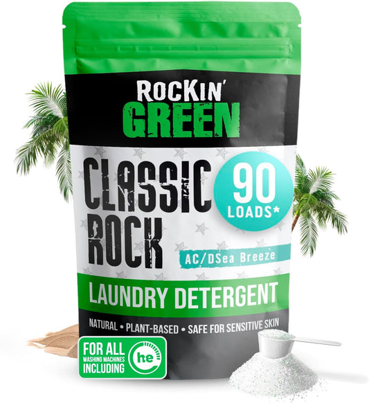Rockin' Green Classic Rock Laundry Detergent (90 Loads), Plant based, All Natural Laundry Detergent Powder, Vegan and Biodegradable Odor Fighter, Safe for Sensitive Skin, 45 oz (AC/DSea Breeze)