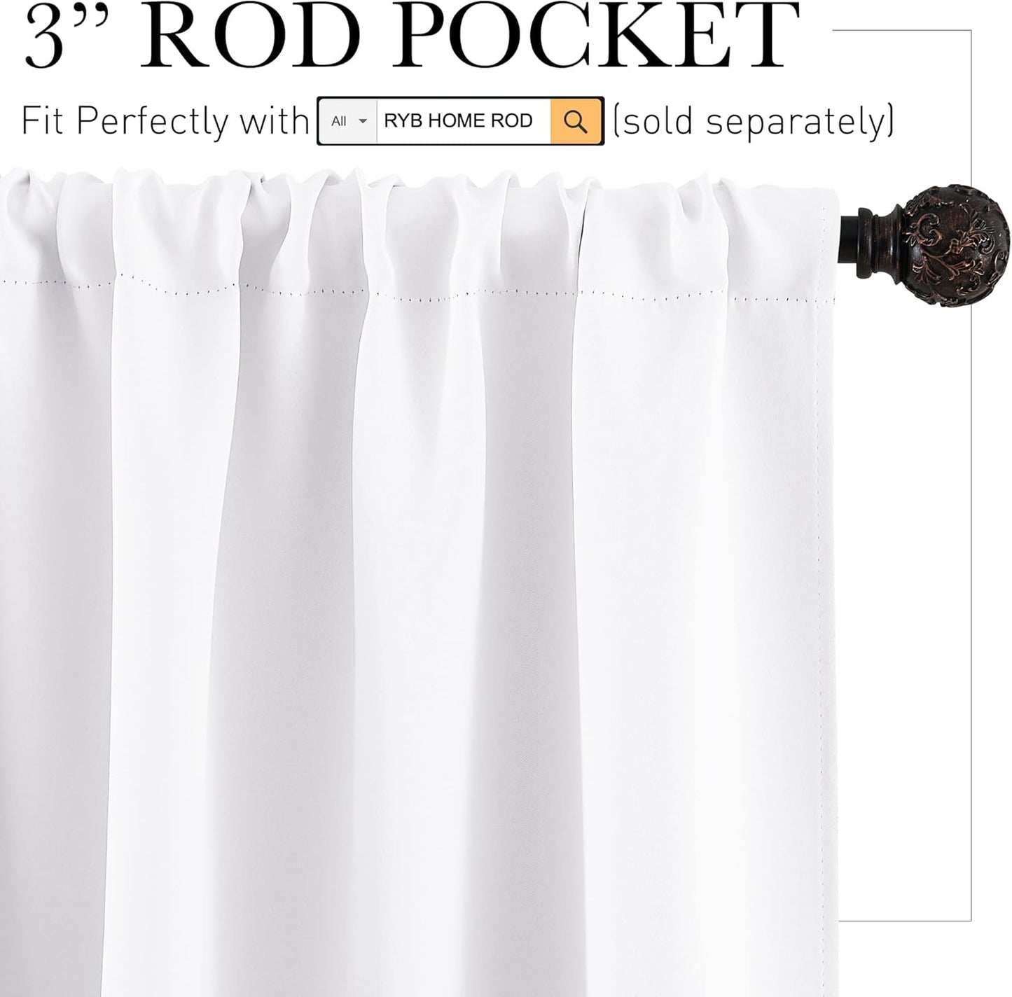 RYB HOME Room Darkening Curtains - Rod Pocket Half Light Block Drapes Window Shades for Bedroom Bathroom Living Room Kitchen Office Dining Decor, W 42 x L 45, Pure White, 2 Pieces
