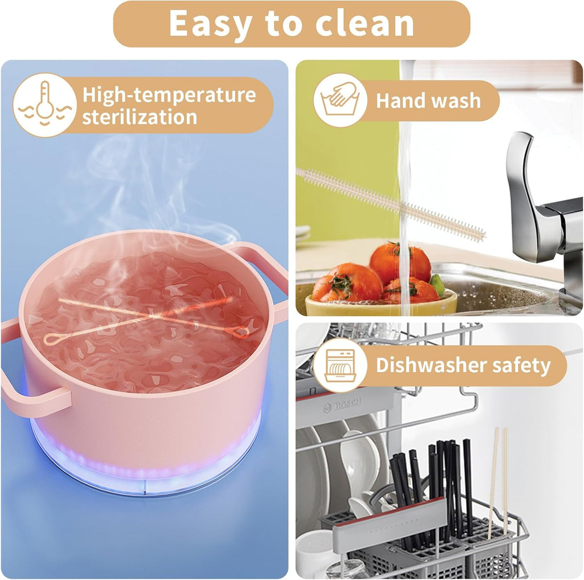 2Pcs Silicone Straw Cleaner Brush, 9.84in Reusable Straw Cleaner with Bendable Steel Core, Extra Long Soft Bottle Brush for Clearing Glass Straws, Smoothie Straws, 9mm&6mm (Beige)