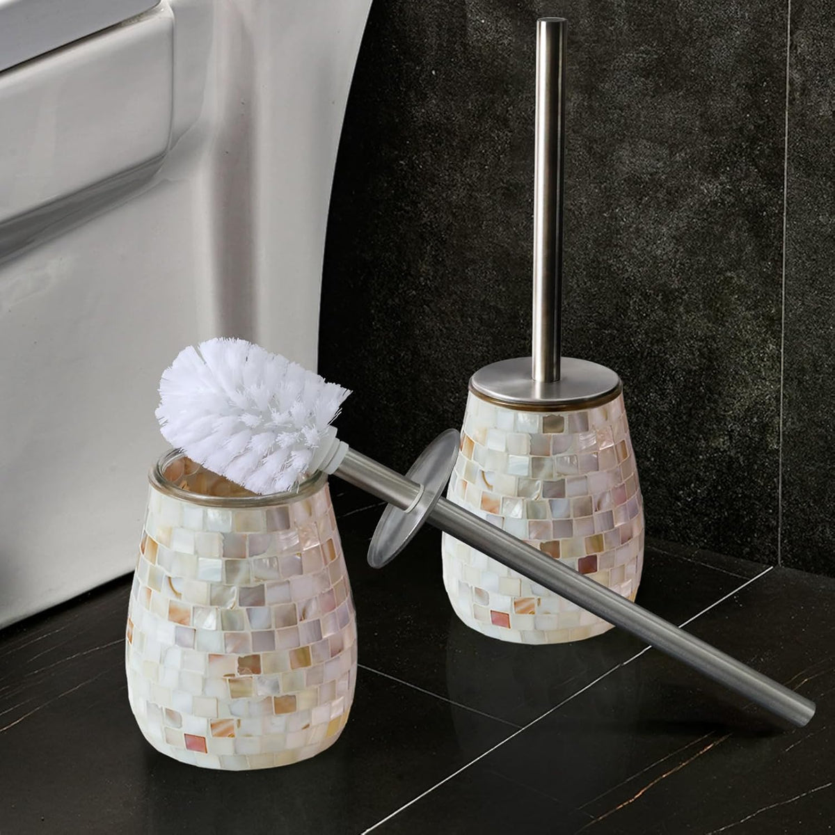 WDHODEC Natural Shell Toilet Brush and Holder Set Mosaic Glass, Stainless Steel Toilet Scrubber Brush, Decorative Toilet Bowl Brush and Holder, Luxury Bathroom Accessories