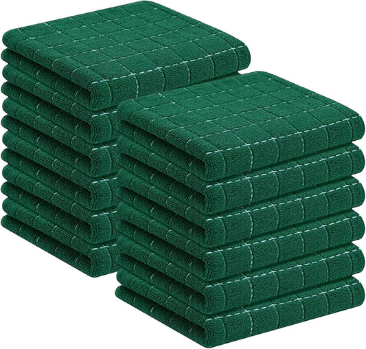 Homaxy 100% Cotton Terry Kitchen Towels(Dark Green, 13 x 28 inches), Checkered Designed, Soft and Super Absorbent Dish Towels, 12 Pack