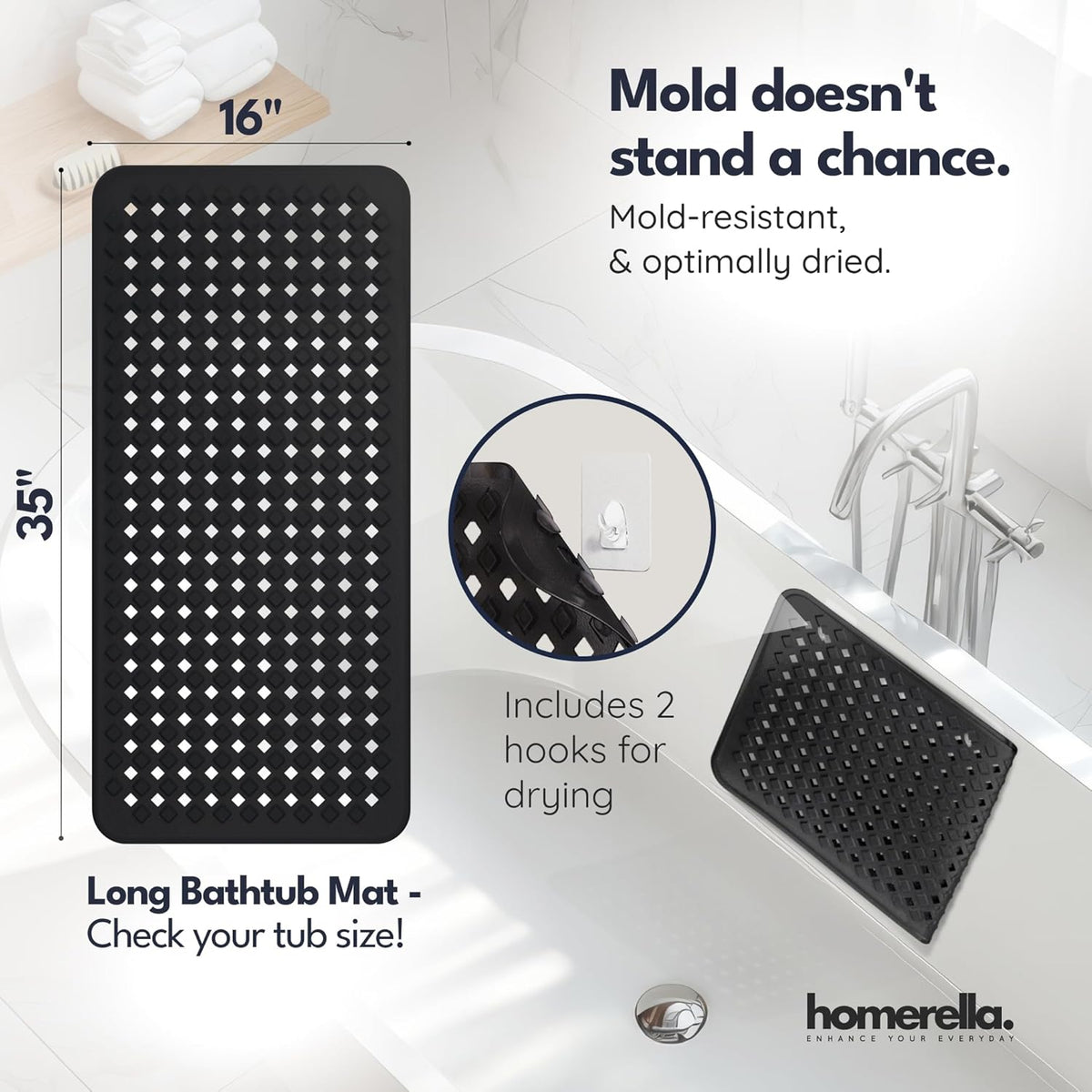 homerella® Bathtub Mat Non Slip 35x16, Incl. Hooks for Drying, Extra Long, 100% BPA Free, Shower Mat Non Slip Anti Mold, Machine Washable, Shower Mats for Inside Shower Mildew Resistant