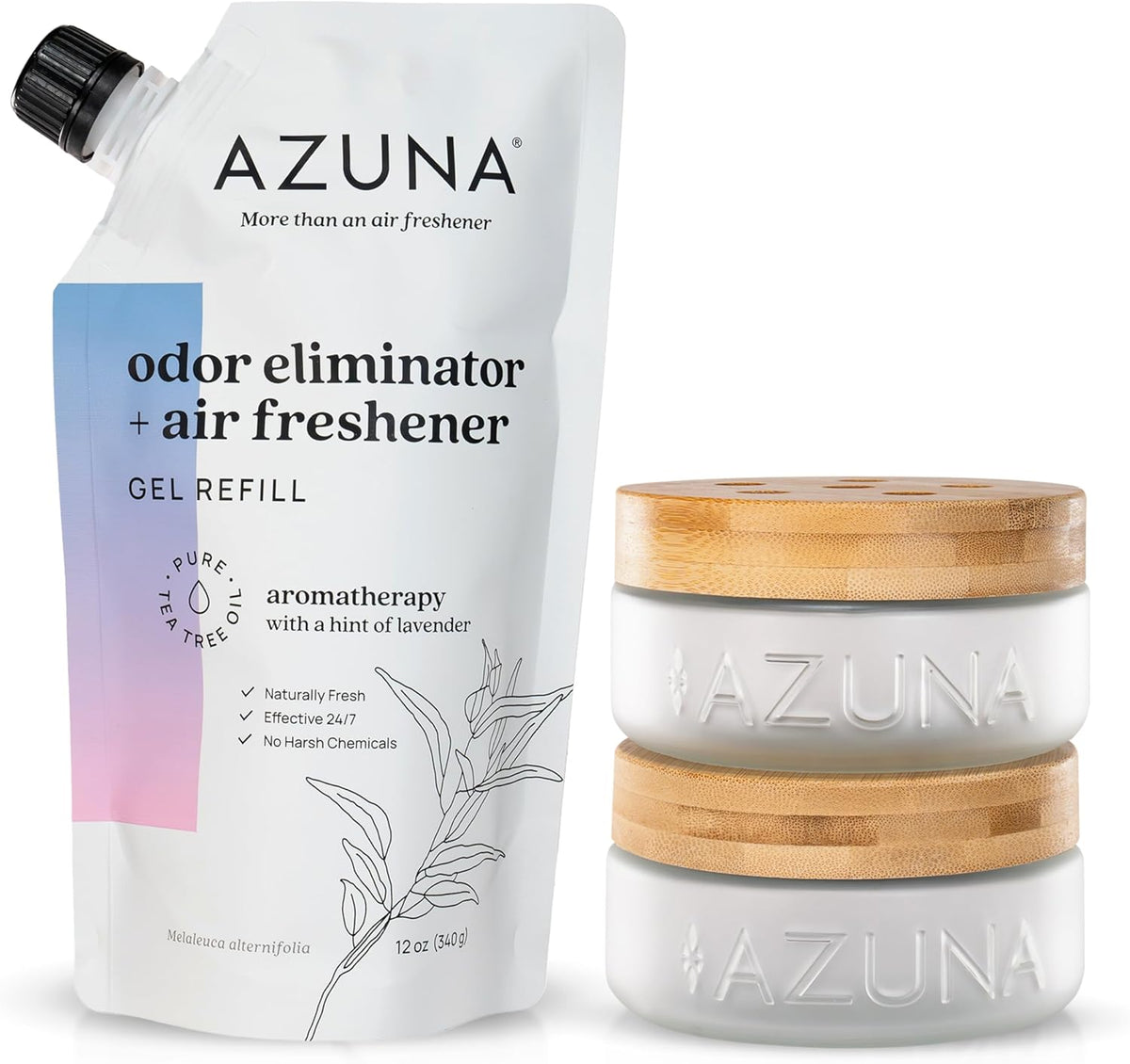 Azuna Air Freshener & Odor Eliminator for Strong Odor | 2 Room Kit Includes (2) 8 oz. Empty Luxe Glass Jars & 12 oz | Refill with Tea Tree Essential Oil Gel | Aromatherapy | Last 60-90 Days