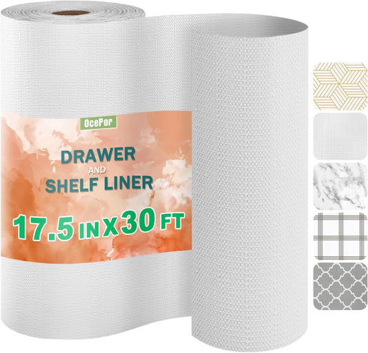 OcePor Non-Adhesive Drawer and Shelf Liner 17.5IN x 30FT，Non Slip Cabinet and Cupboard Liner, Kitchen Cabinet Liners for Shelves, Waterproof Drawer Shelf Liners for Cabinets/Bathroom Cupboard, White