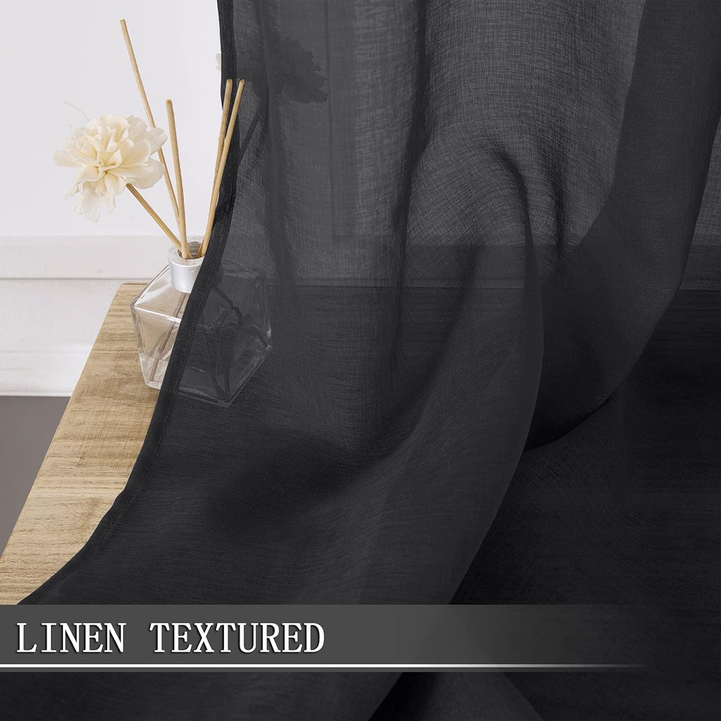 Tollpiz Short Sheer Curtain Linen Textured Bedroom Curtains Sheer Light Filtering Rod Pocket Voile Curtain for Living Room, 54 x 54 inches Long, Black, Set of 2 Panels