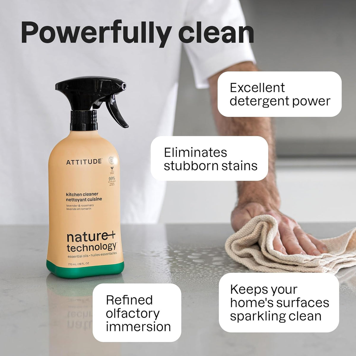 ATTITUDE Kitchen Cleaner Spray, Natural Origin Ingredients, EWG Verified, Cleans and Degreases, Streak-Less, Lavender & Rosemary, 26 Fl Oz
