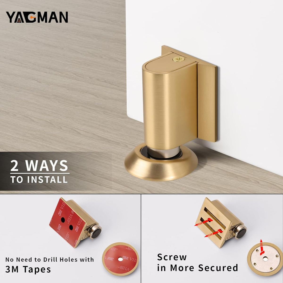 1 Pack Magnetic Door Stoppers Retractable Bottom of Door Holder No Drilling Mount Floor Door Stop with Screws and Adhesive Catch Door Keep Door Open Brushed Gold BG-1