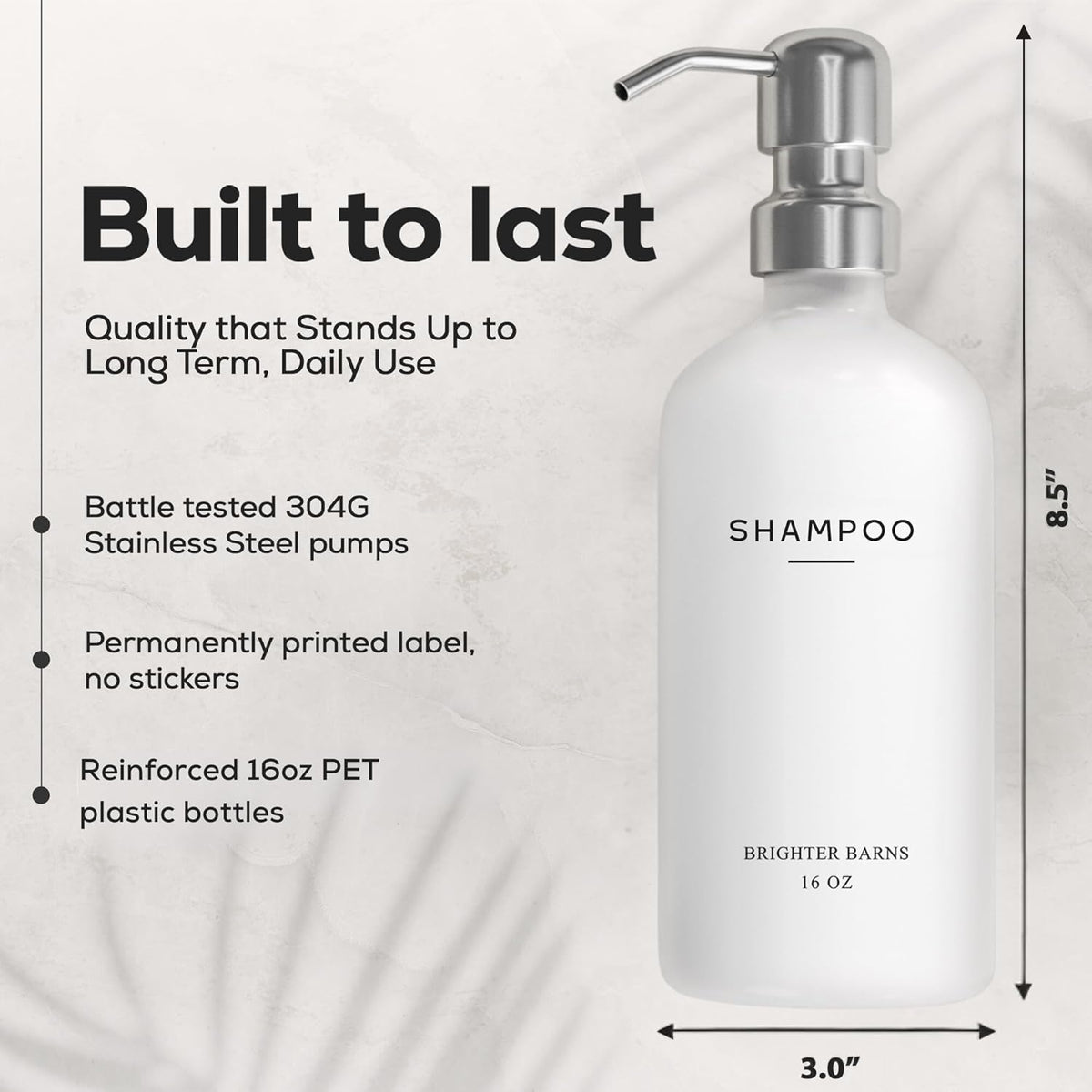 White Shampoo and Conditioner Dispenser Set by Brighter Barns - Shower Dispenser for Bathroom - Refillable Plastic Shampoo Bottle & Stainless Steel Pump - Shampoo Dispenser for Vacation Rental (White)