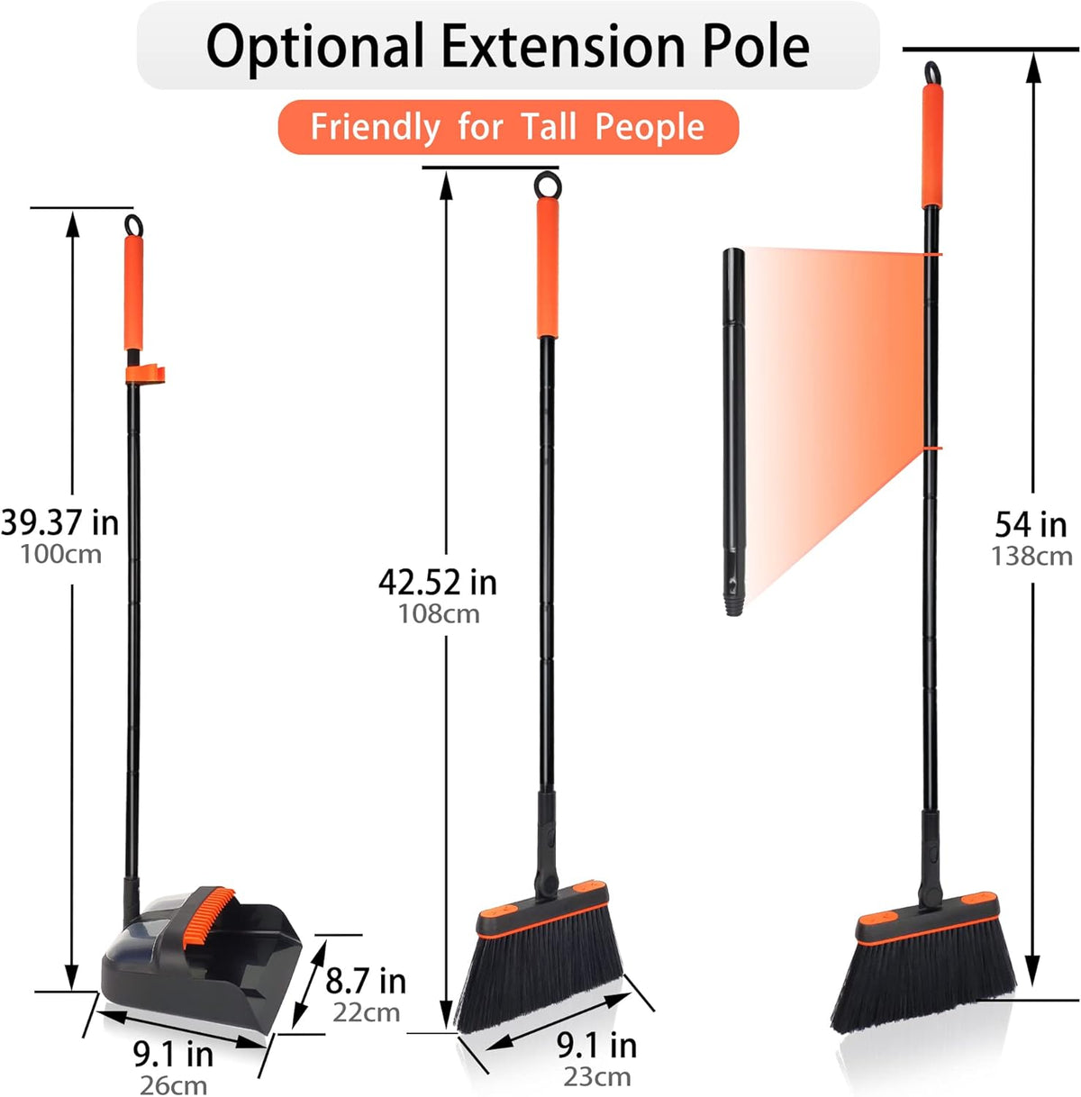 JEHONN Broom and Dustpan Set for Home, Long Handle Lightweight 180 Degree Rotating Broom Set Indoor, Upright Standing Dust Pan with Comb Teeth, Store Sweep Set for Room Kitchen Office Lobby