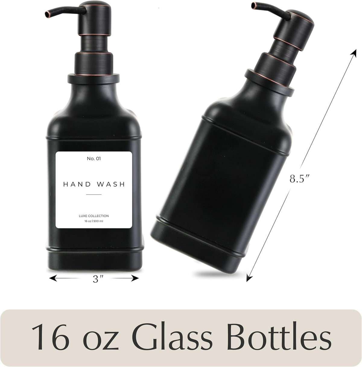 Emerson Essentials Soap Dispenser, Dish Soap Dispenser, Soap Bottle Farmhouse - Hand Soap Dispenser, Kitchen Soap Dispenser Set - Glass Soap Dispenser with Pump and Labels, 16 Oz, 2 Pack