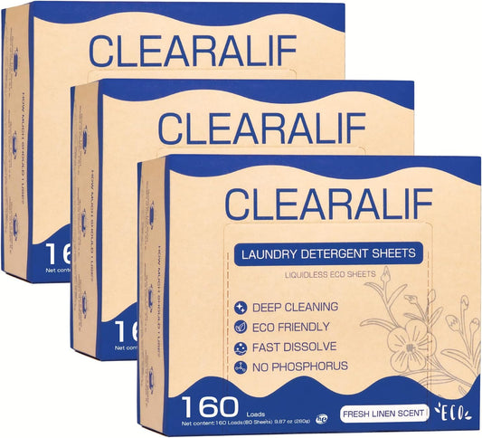 CLEARALIF Laundry Detergent Sheets (480 Loads), Fresh Linen,Great For Travel,Apartments, Dorms,CLEARALIF Laundry Detergent Strips Eco Friendly & Hypoallergenic (Pack of 3)