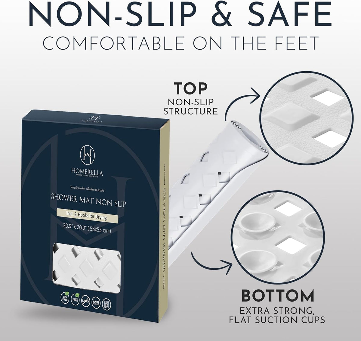 Homerella Anti Slip Shower Mat | Anti Mold Non Slip Bathtub Mat for Inside Shower | Square Floor Shower Mat 21 x 21 inch with Suction Cups for Grip & Hooks Hanging and Quick Drying | Machine Washable