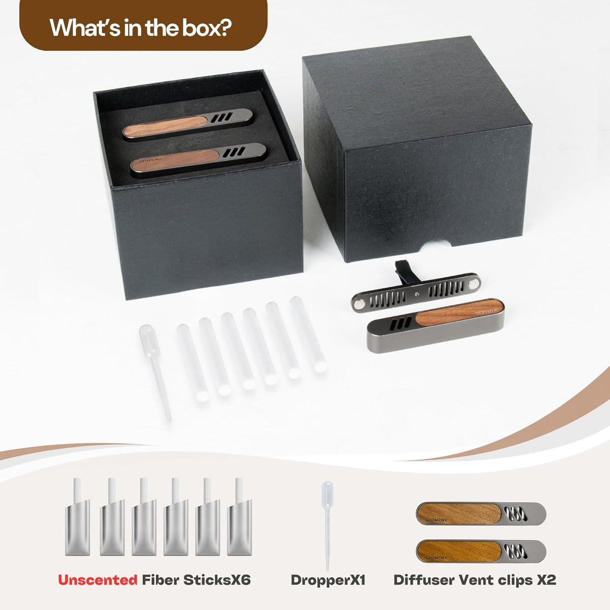 2 Packs Car Air Freshener Diffuser, Essential Oil Diffusers Vent Clip, Perfume Diffuser with 6 Refill Unscent Fiber Sticks, Premium Car Accessories, Metal & Wood design, Custom Scent, Gift For Men