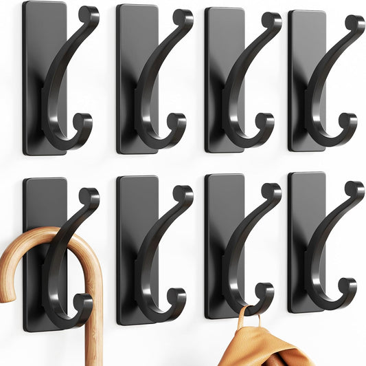 Adhesive Wall Hook for Towel/Coat - Extra Sticky 10LB Stainless, Stick on Hanger for Bath or Shower, Matt Black 8-Pack