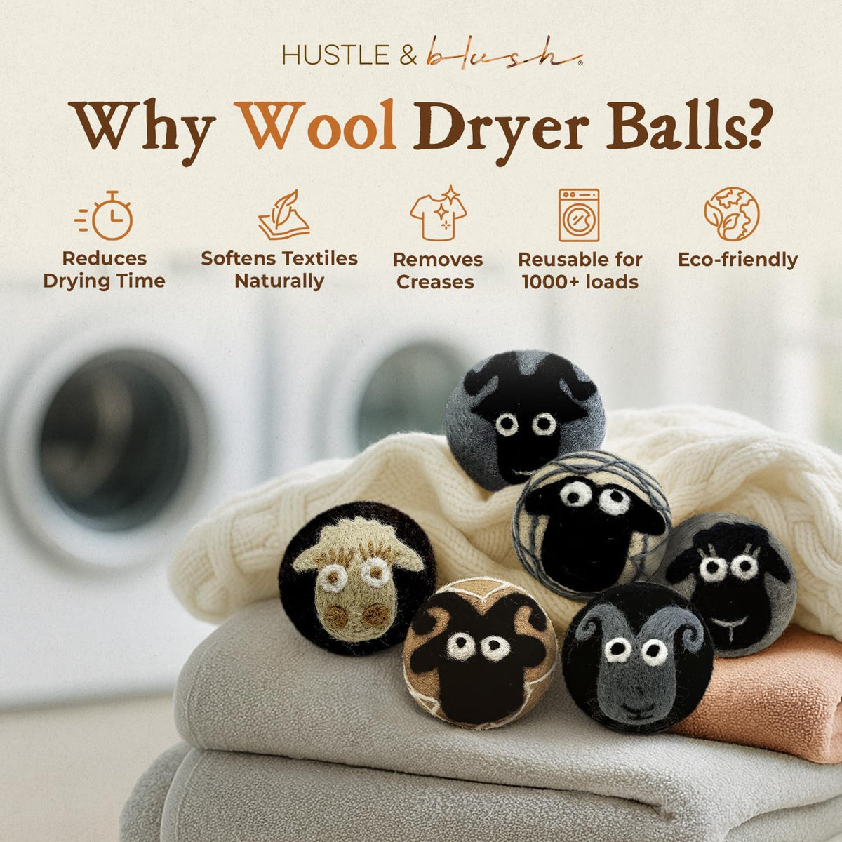 Fluff Ewes Wool Dryer Balls 6 Pack Premium New Zealand Wool Laundry Balls for Dryer, No Static Dryer Balls Laundry Reusable, XL Wool Dryer Balls Cute, Baby Dryer Balls for Dryers - Classic