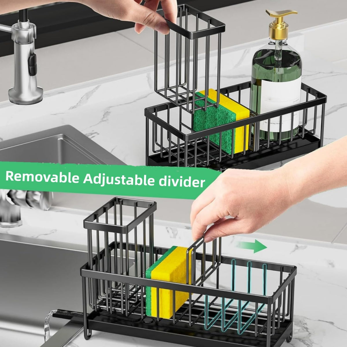 Sponge Holder for Kitchen Sink, Stainless Steel Sink Caddy with Auto Drain Tray, Kitchen Organizer with Towel Brush Holder for Countertop, Soap Dispenser Storage Accessories (Black Large)