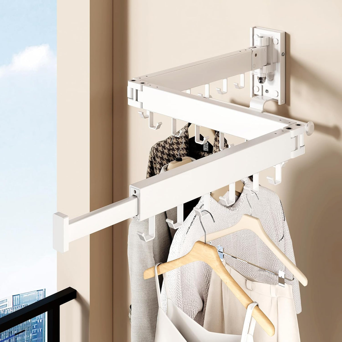 Wall Mounted Collapsible Clothes Drying Rack, Space-Saving Laundry Drying Rack Clothing Hanger, Durable Foldable Design Extends Left, Right & Up for Upgraded Versatility