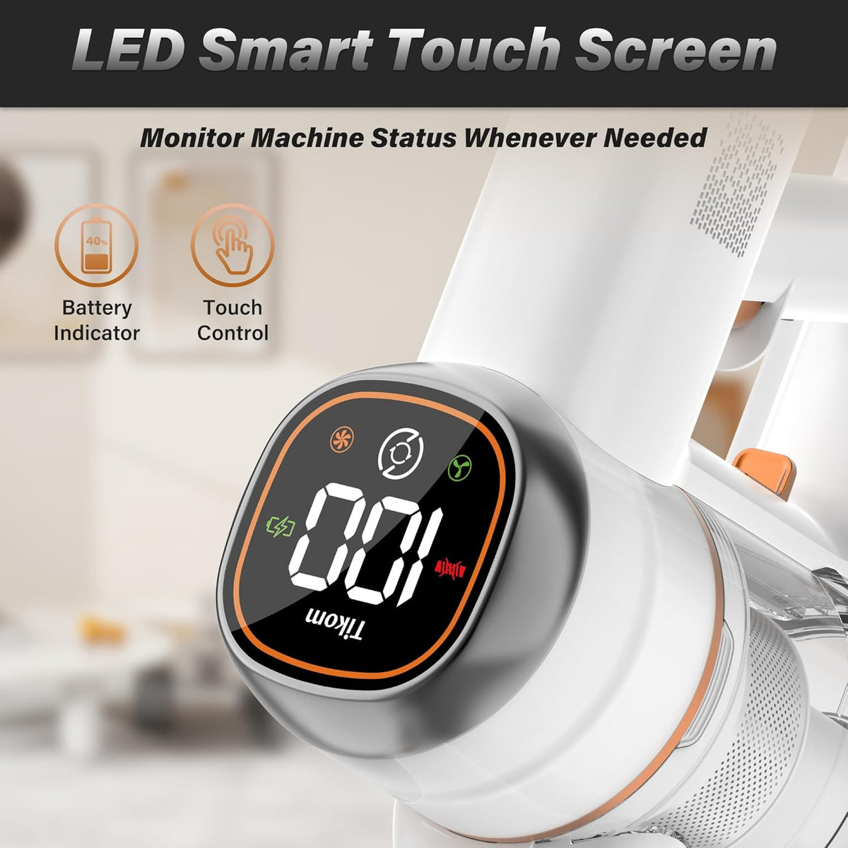 Tikom V500 Cordless Vacuum Cleaner for Home, 40000Pa/450W Stick Vacuum with LED Touch Screen, Charging Wall Dock, Anti-Tangle, Lightweight Handheld Vacuum for Pet Hair, Hard Floor, Carpet