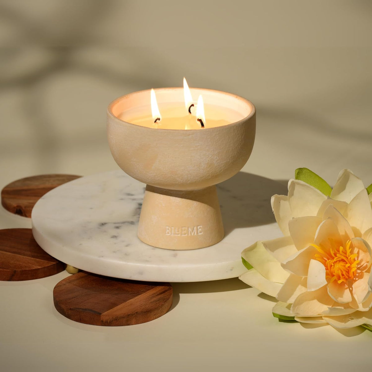 New BLUEME Wellness Candle Wax Refill, Contains Essential Oil, Sustainable, Hand Finished, Hand Poured, Premium, Luxury Ceramic, Natural Cotton Wick (24oz, White Lotus & Tea)