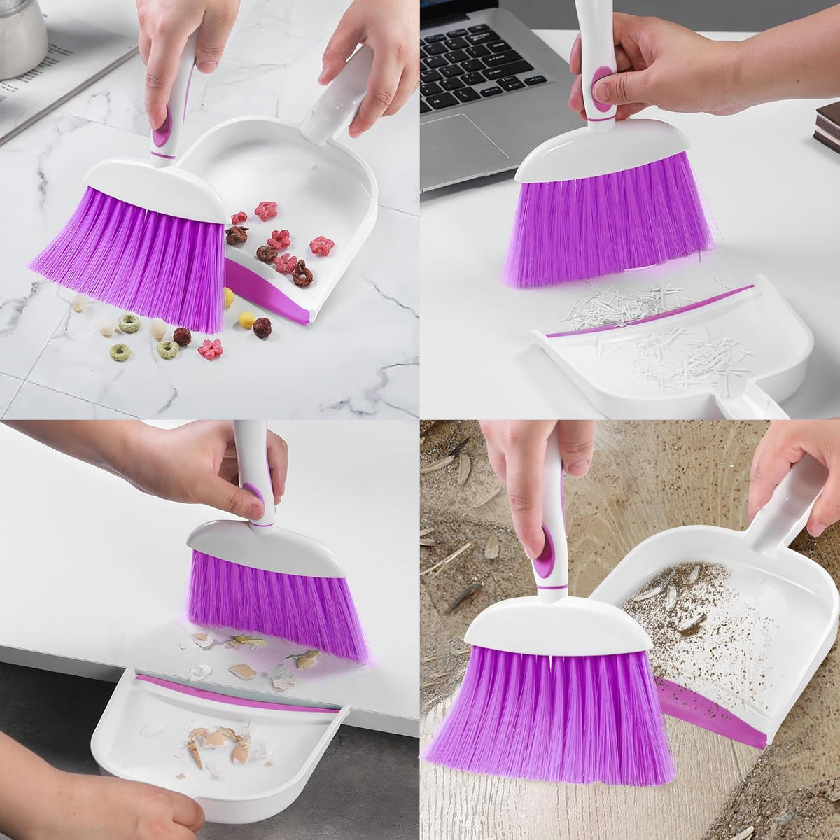NACENA Small Dust Pan and Brush Set, Mini Broom and Dustpan Set Small Hand Broom and Brush Combo Dust Pan with Teeth for Home Cleaning Drawers Desktop Sofas Pet Care and Outdoor, Purple