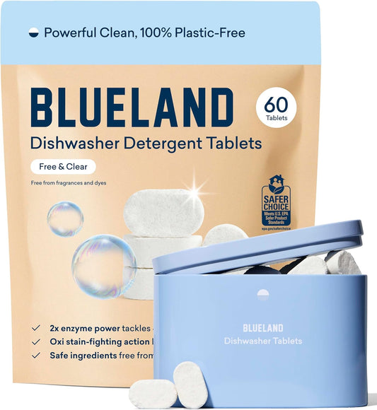 BLUELAND 100% Plastic-Free Dishwasher Detergent Tablets, Starter Set, 60 Count with tin, Free & Clear, Eco-Friendly Dishwashing Pods, Natural, USDA Certified biobased