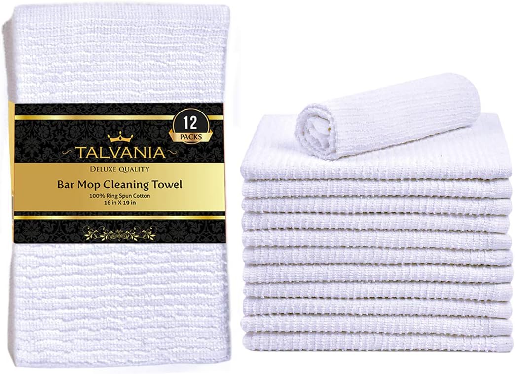 Bar Mop Towels 16”x19”, White Kitchen Bar Towel 12 Pack, 100% Cotton Ribbed Cleaning Cloths Rags, Super Absorbent Terry Shop Towels for Home Restaurant Commercial Use