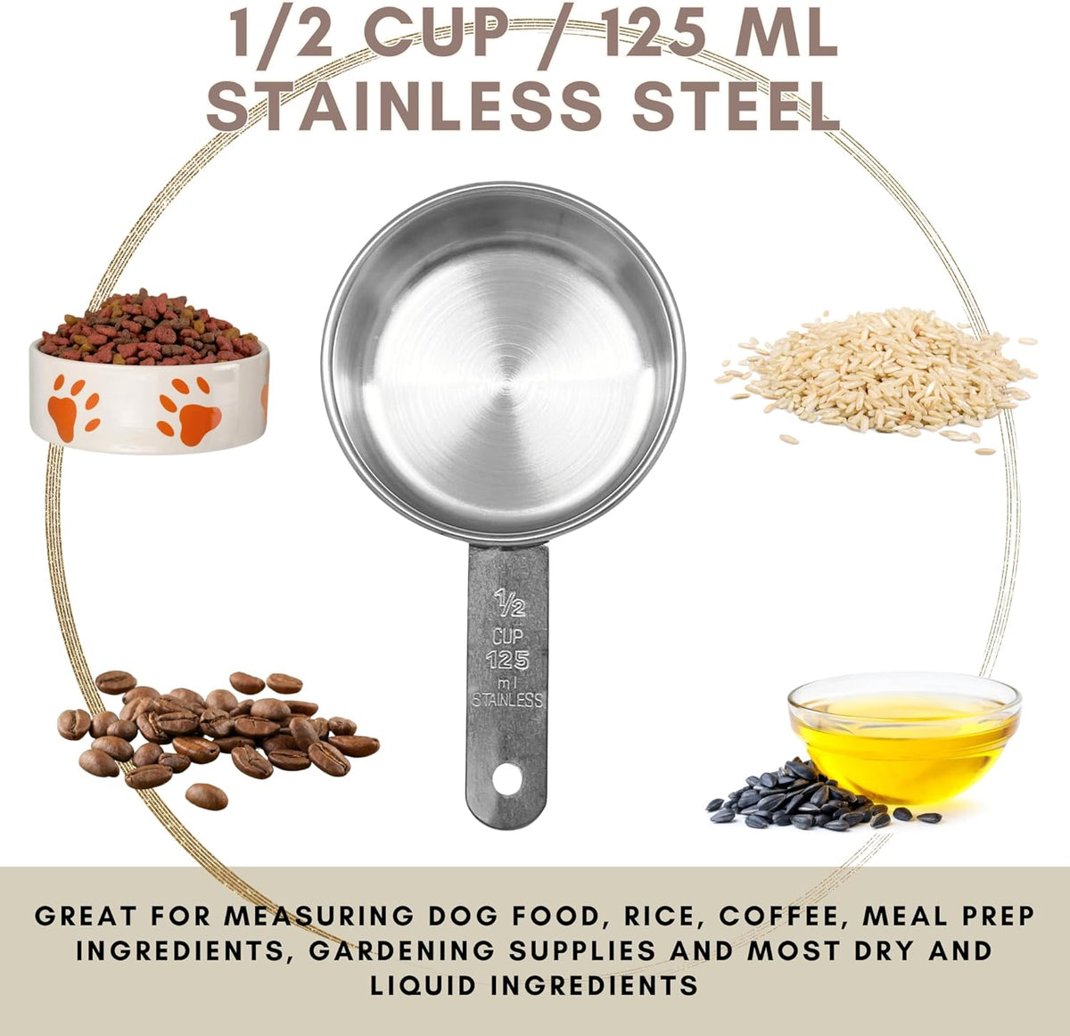1/2 Cup Stainless Steel Measuring Cup | Sturdy Metal 125 ml | 125 cc | 4 oz | Single Cup for Wet and Dry Ingredients | Great for use as 1/2 Cup Dog Food Scoop - 12 PK