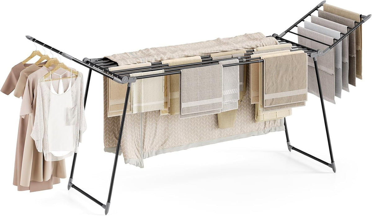APEXCHASER Clothes Drying Rack Foldable, Large Drying Rack for Clothing Retractable, Winged Laundry Rack Folding Indoor Outdoor, Metal Clothes Airer for Bedding Towel Sweater Heavy Duty, Black