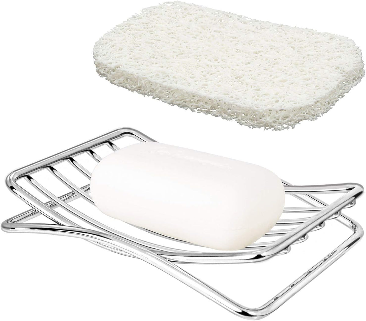 Soap Dish Stainless Steel Bar Soap Holder for Shower Bathroom, Self-draining Soap Dishes Sponge Holder for Kitchen Sink, Easy Cleaning Quick Dry with White Soap Saver