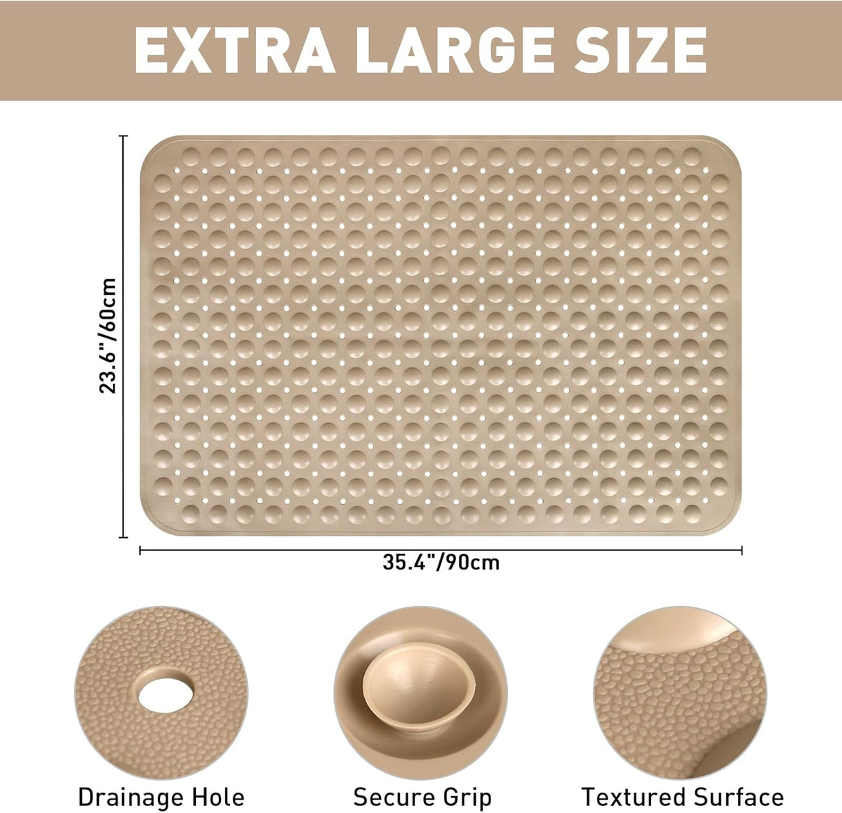 Shower Mat Non Slip: 47.2 x 31.5 Inch Extra Large TPE Shower Mats for Inside Shower - Anti Slip Shower Stall Matt with Drain Hole and Suction Cups for Elderly