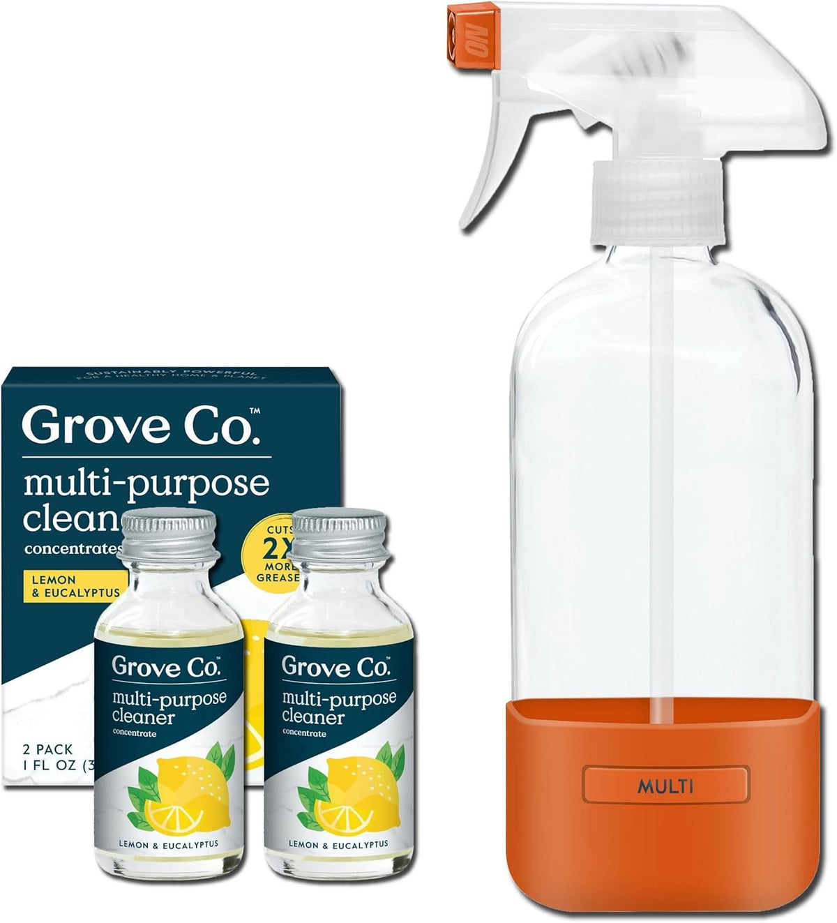 Grove Co. Multi Purpose Cleaner, Refill Concentrate (2 x 1 Oz) + Glass Spray Bottle (16 Oz), Plant-based Household Cleaning Supplies Bundle, No Plastic Waste, 100% Natural Lemon & Eucalyptus Scent