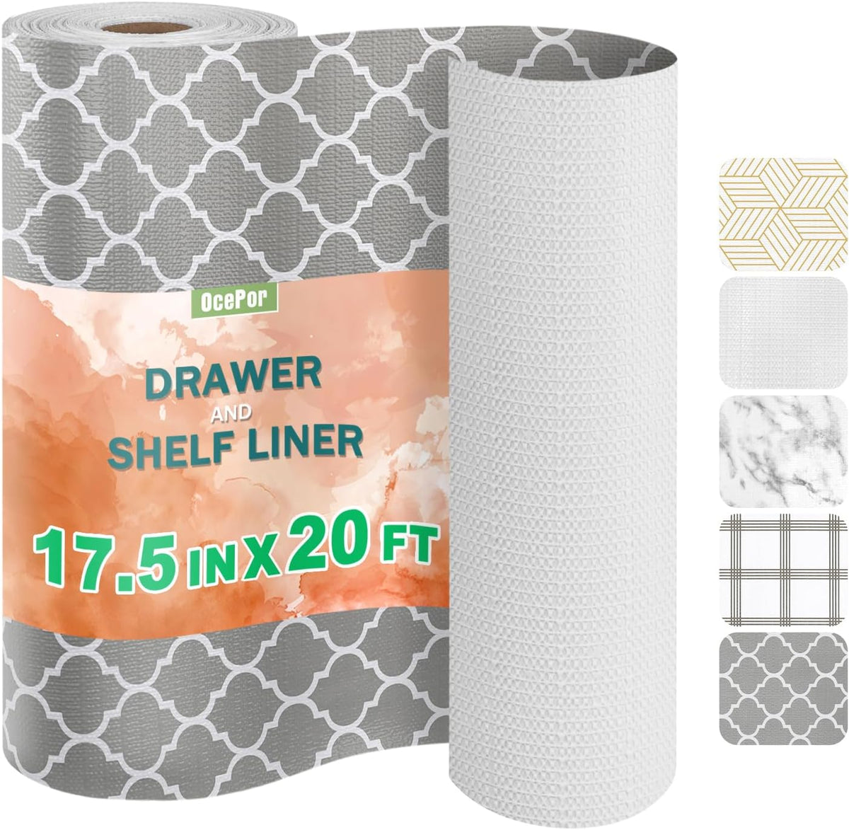 OcePor Non-Adhesive Drawer and Shelf Liner 17.5IN x 20FT，Non Slip Cabinet and Cupboard Liner, Kitchen Cabinet Liners for Shelves, Waterproof Drawer Shelf Liners for Cabinets/Bathroom Cupboard