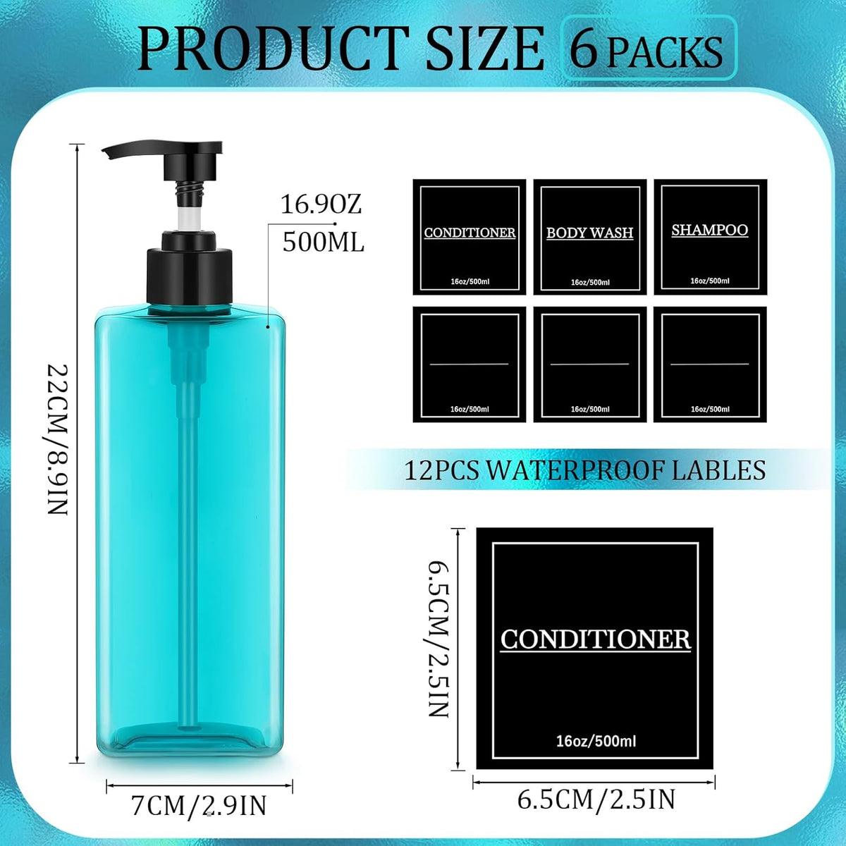 Tanlade 6 Pieces Shampoo and Conditioner Dispenser Bottles 16oz Modern Shower Soap Bottles with Pump, Labels and Marker Pen Easy to Refill Body Wash Dispensers for Home Bathroom Decoration