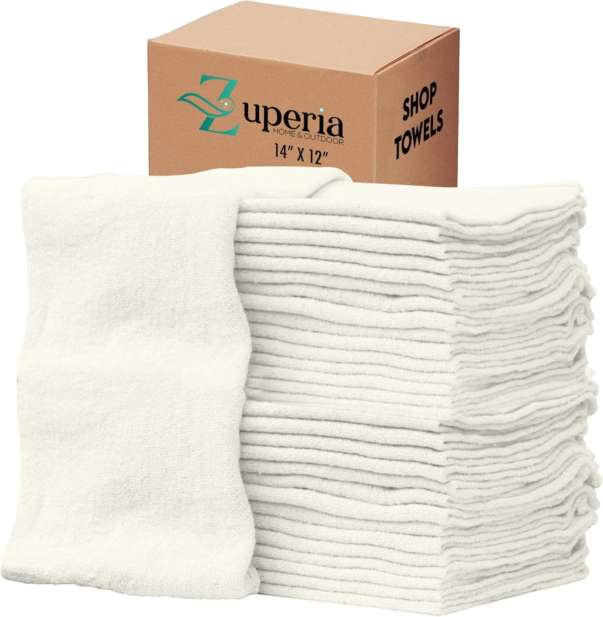 ZUPERIA Cotton Shop Towel – Multipurpose Cleaning Cloths (14" x 12" - Pack of 500 - White) Reusable Shop Rags for Automobiles, Industrial, Restaurants, Garage, and Homes