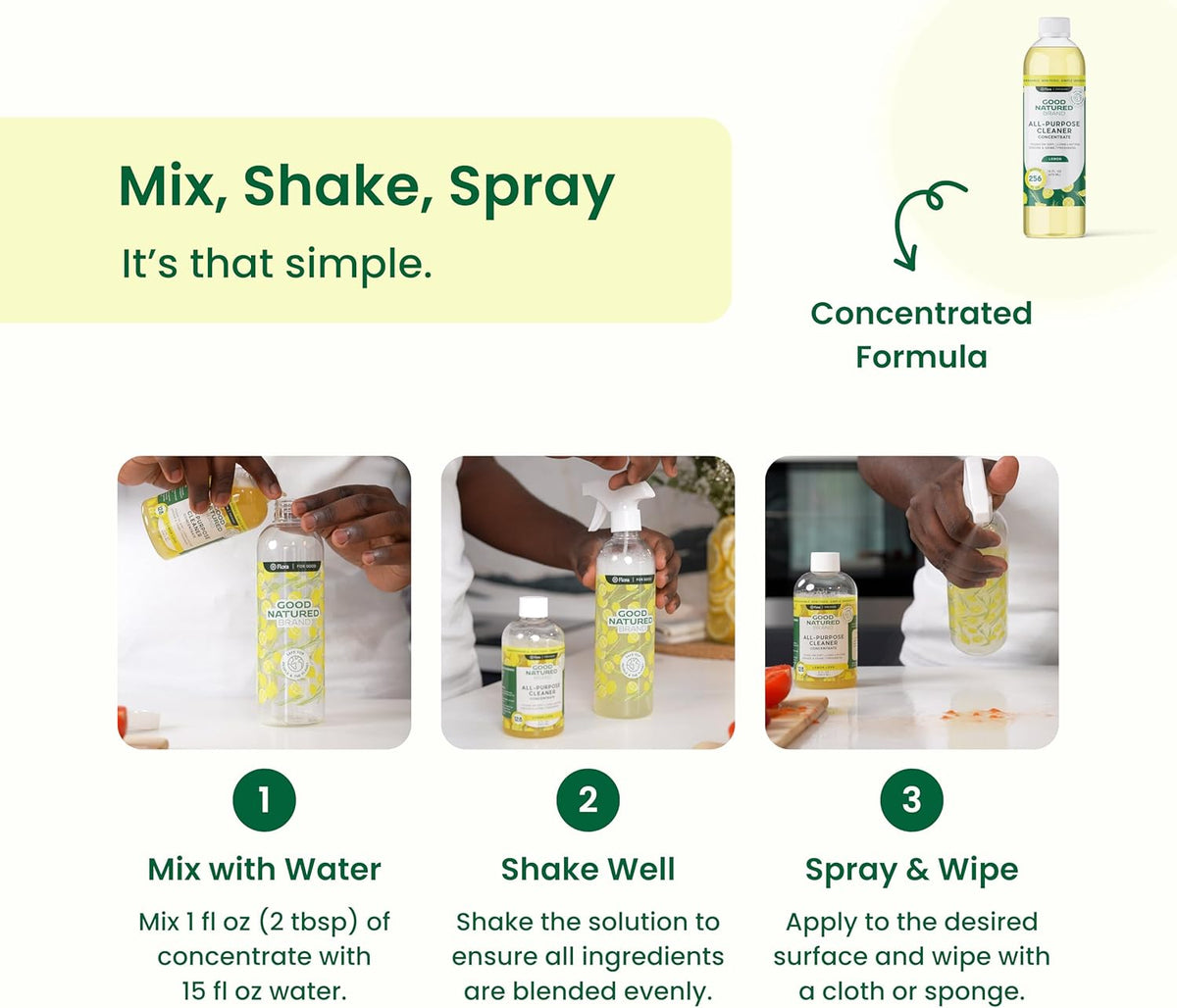 Good Natured Brand All-Purpose Cleaner Concentrate | Multi-Surface Cleaner | Natural Lemon Essential Oil | Multipurpose Cleaner Concentrate All Surfaces | Lemon Love | 16oz makes 256oz