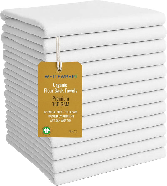 Flour Sack Towels| Tea Towel for Crafts| Kitchen Dish Cotton Blank Towel for Embroidery|Baking Bread Proofing Linen Cover| Thick Absorbent Quick Dry| 12 Pack 28"x28" White