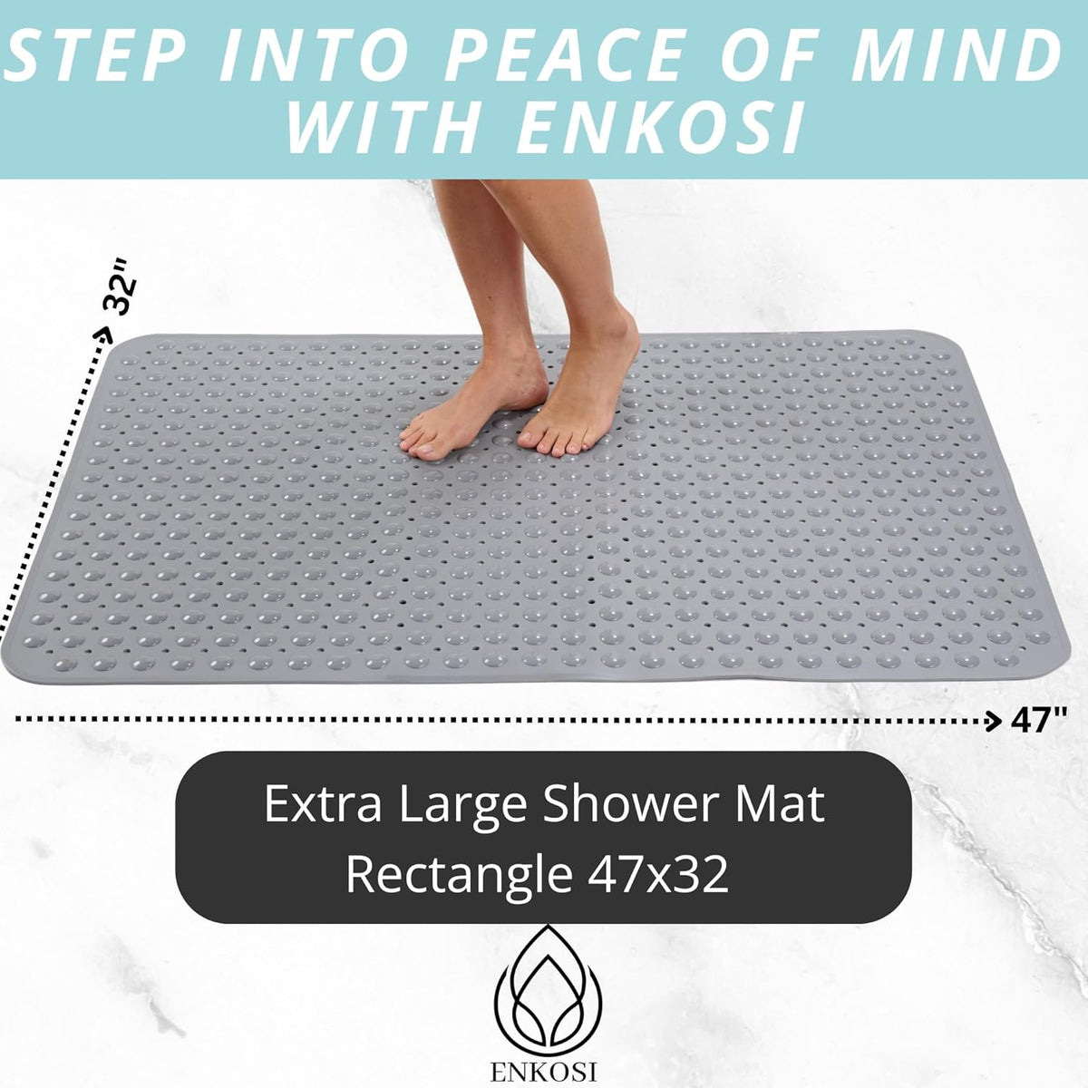 ENKOSI Extra Large Shower Mat Non Slip - 47 x 32 inch - XL Bathroom Shower Mat - Large Shower Matts for Shower Stall Floors - Secure Suction Cups and Drain Holes (47x32 Grey)