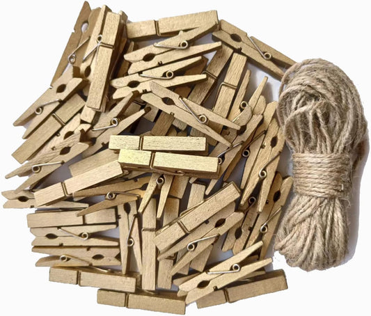 1.9 in Gold Clothespins Art Hanging Kit Kids Artwork Picture Party Xmas Decor Clothing Clamps with Jute Twine Pack 50