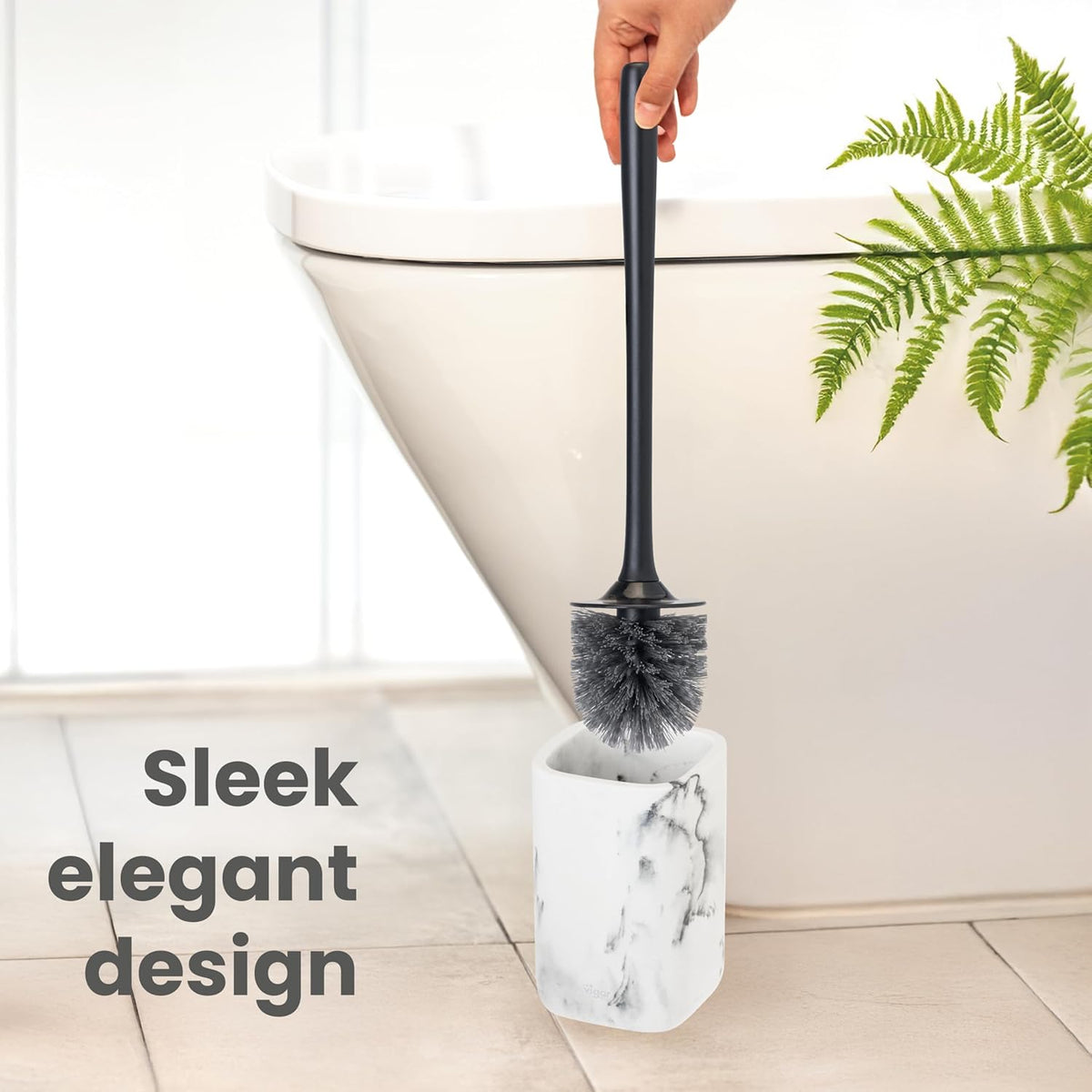 Vigar Zense Toilet Brush and Holder Set, Toilet Bowl Brush with Polyresin Stone Holder, Bathroom Sets for Bathroom Decor and Accessories, White Marble