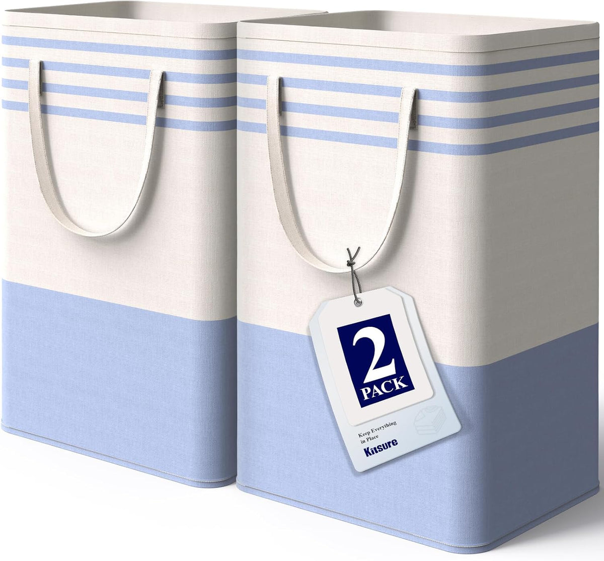 Kitsure Laundry Hamper - 2-Pack Collapsible Laundry Baskets with Well-Stitched Handles, Free-Standing Clothes Hamper with Rigid Top Edge for Household, Dorm Use, 2 x 75L, Blue