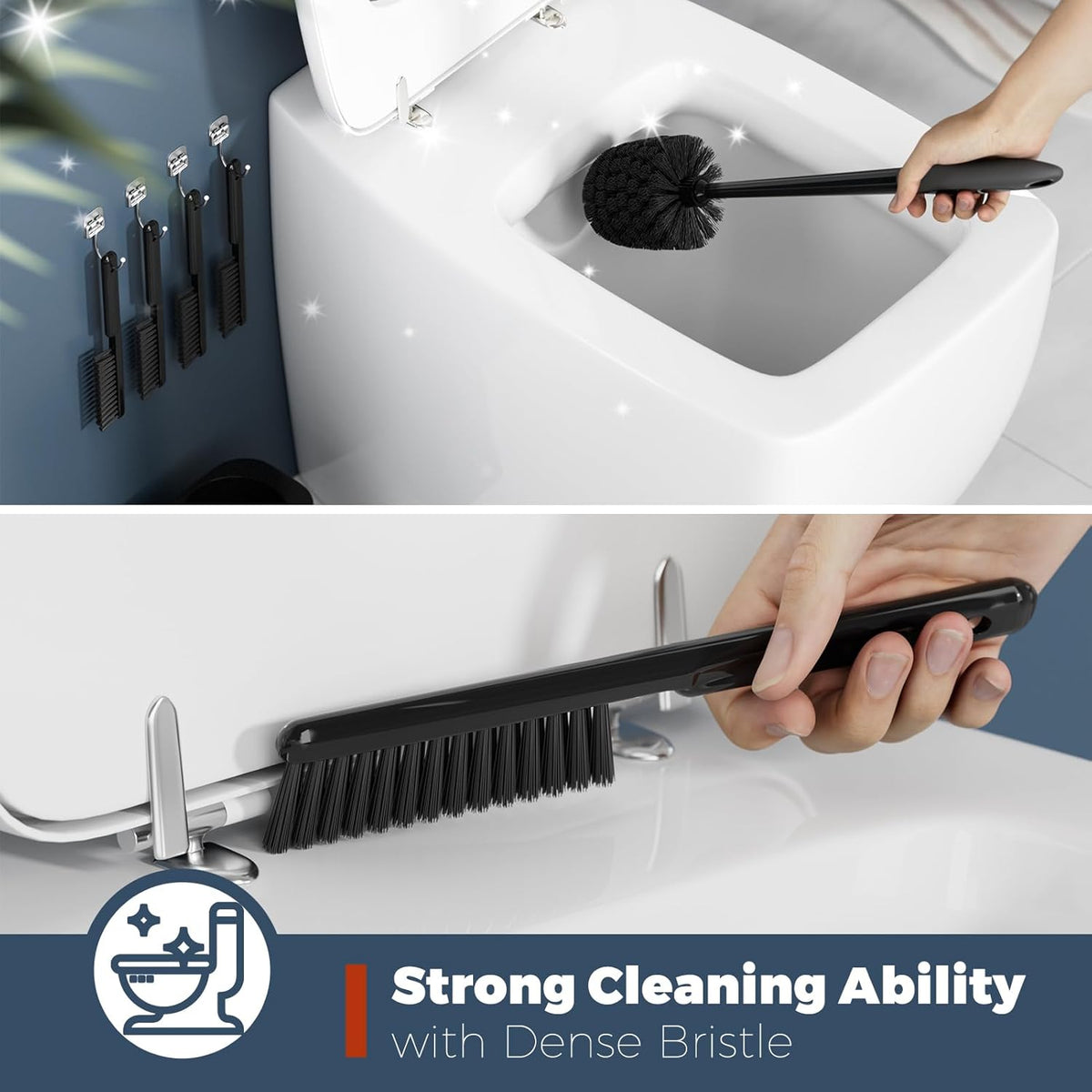 Toilet Brush, 4 Pack Toilet Brush and Holder Set Bathroom Accessories, Toilet Bowl Brush and Holder with 4 Crevice Brush for Bathroom, Toilet Scrubber Brush, Black