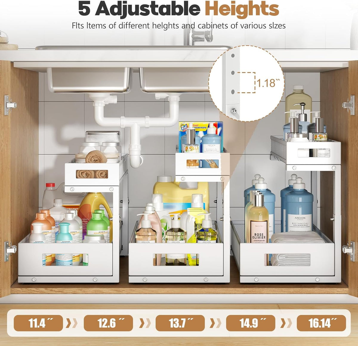 1 Pack 20.47IN Depth Under Sink Storage Organizer, Large 2-Tier Elegant Mesh Pull Out Shelf for Kitchen and Bathroom Cabinet Organization, L-Shaped and Adjustable Height Design-White