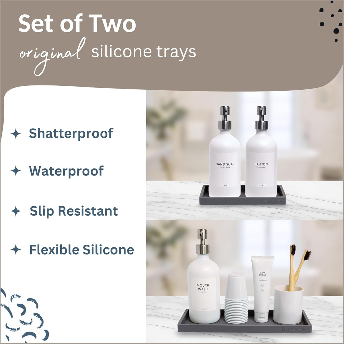 Countertop and Vanity Tray - 2 PC (11” and 7”) Shatterproof Silicone Kitchen and Bathroom Trays for Counter, Kitchen Soap Dispenser Tray, Vanity Trays for Bathroom, Perfume Key Tray