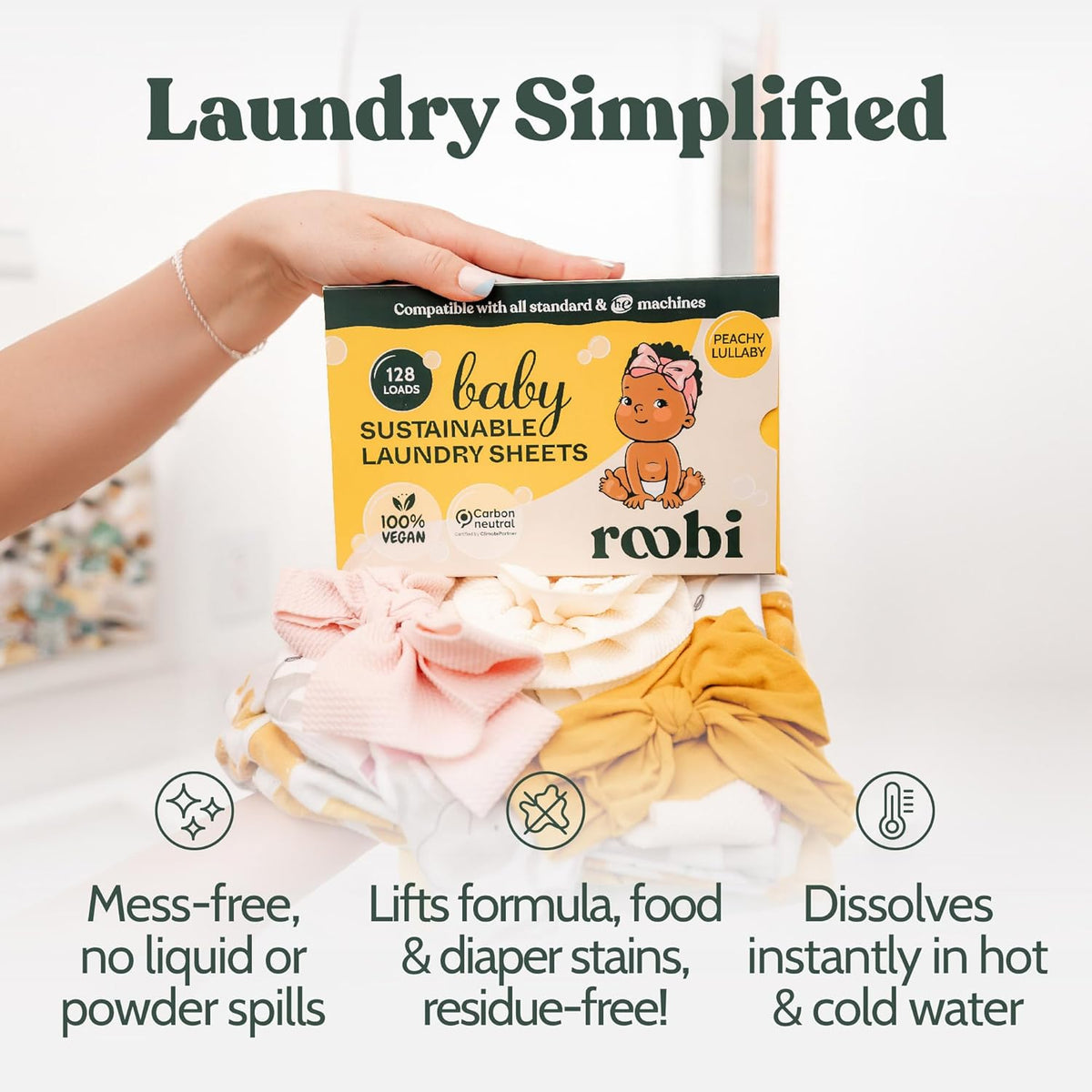Roobi Baby Laundry Detergent Sheets. Specially Formulated for Sensitive Skin. Newborns, Infants & Toddlers Clothes. Peachy Lullaby Scent. Up to 128 Loads