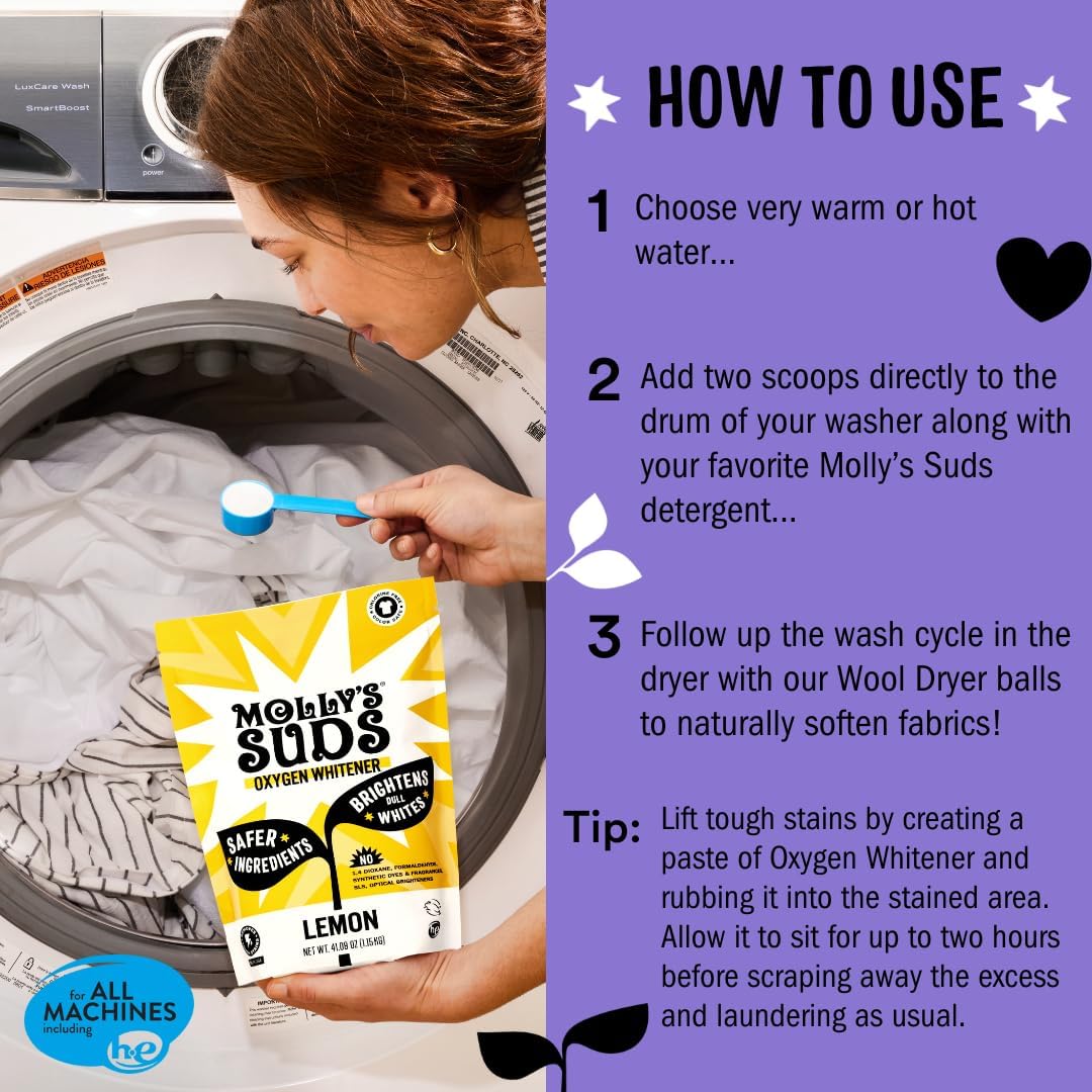 Molly's Suds Oxygen Whitener | Powerful Bleach Alternative, Chlorine Free & Color Safe | Brightens Whites and Removes Stains (Lavender Essential Oil - 79 oz)