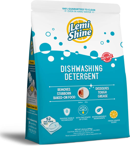 Lemi Shine Natural Dishwasher Pods | All-In-One Powder & Gel Dishwasher Detergent Pods with Powerful Citric Acid | Eco Friendly Dish Wash Cleaning Supplies (52 Count)